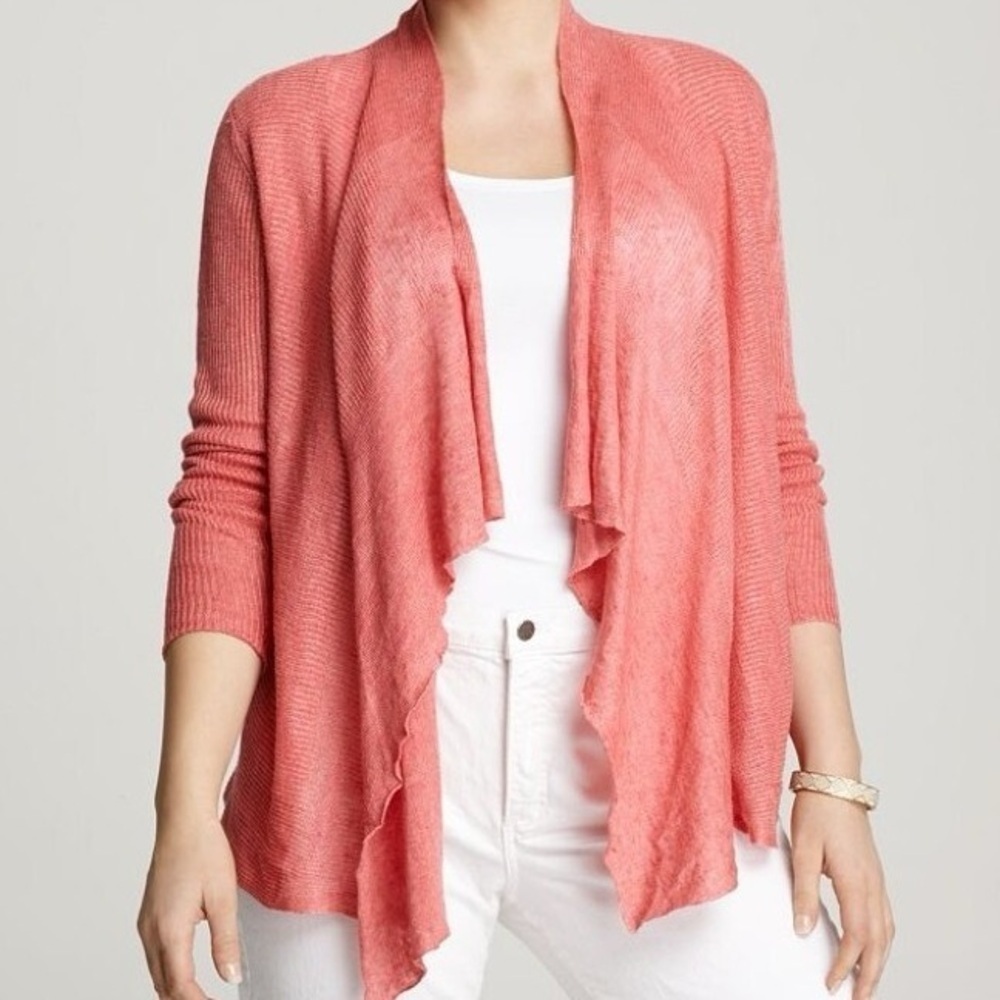 Eileen Fisher Women's Medium Coral Open Front Ribbed Cardigan With Pockets